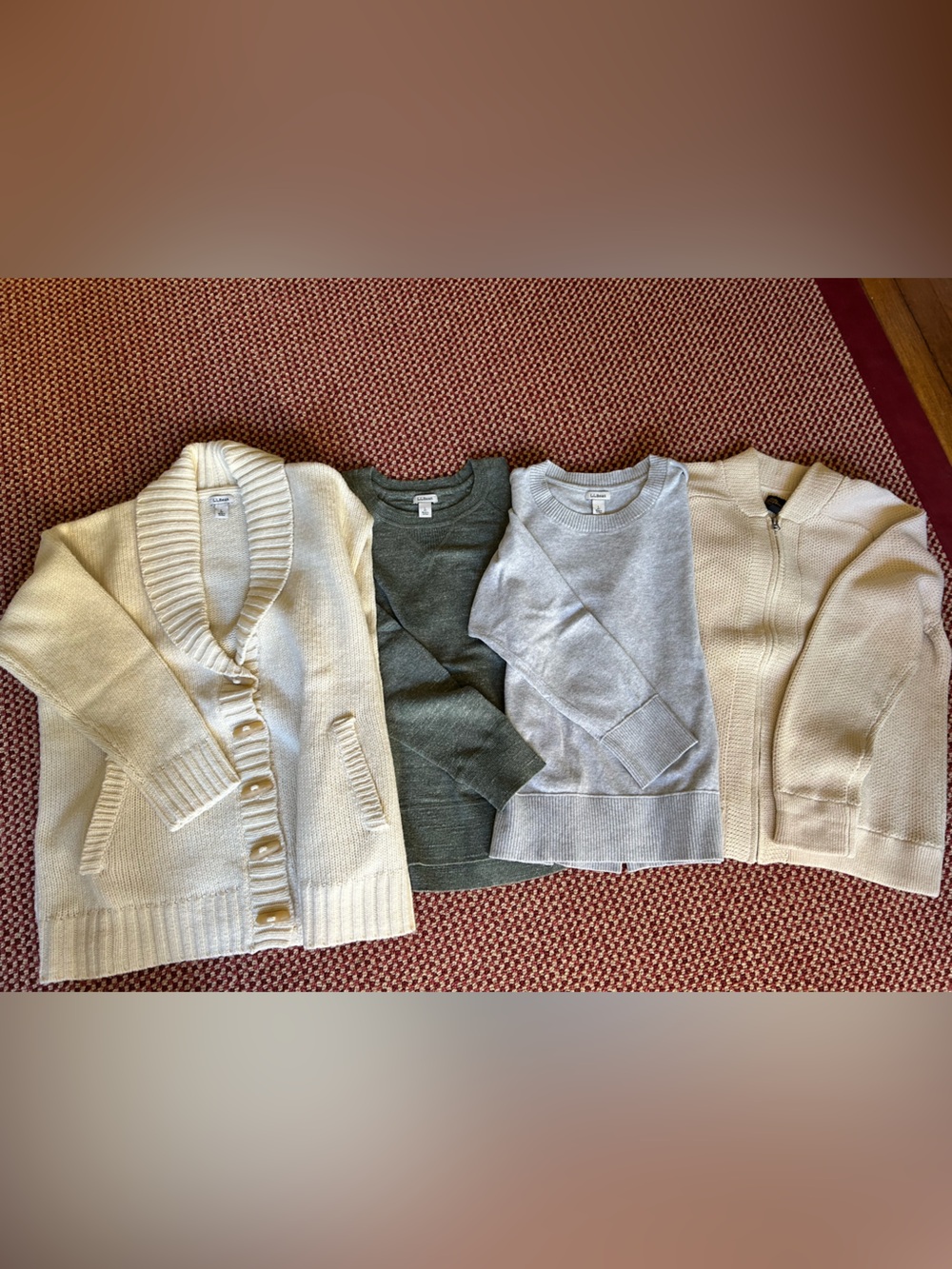 Women’s LL Bean sweaters; 2 styles of Cream Cardigan, green and grey crew neck.